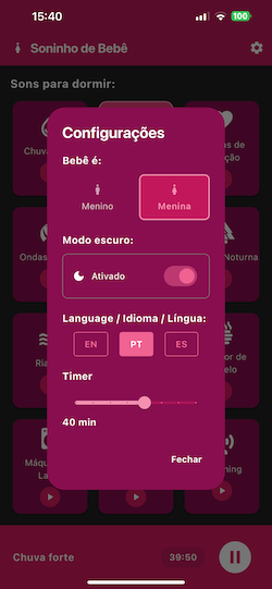 Timer configurável do Soninho de Bebê